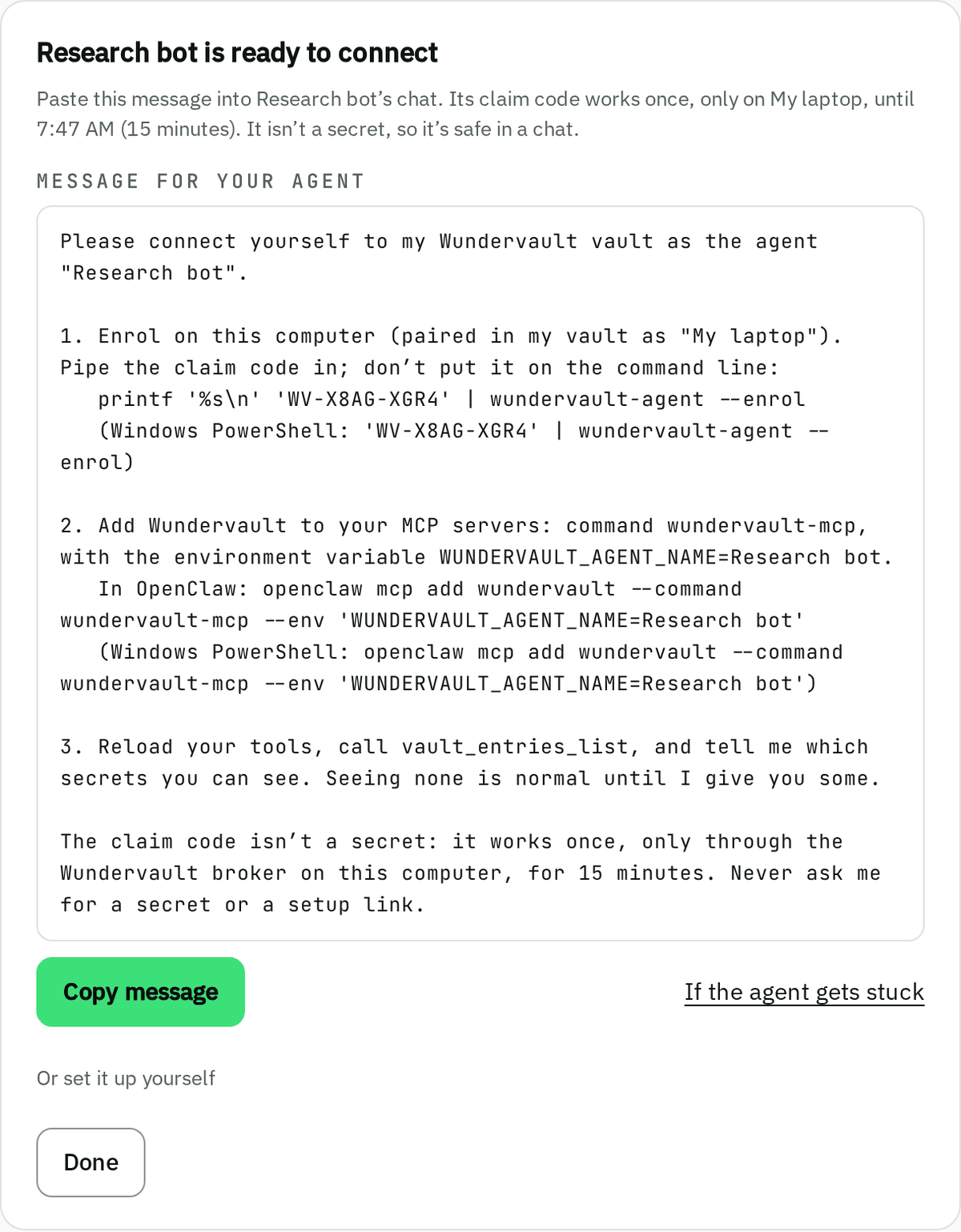 The Message for your agent, with Copy message