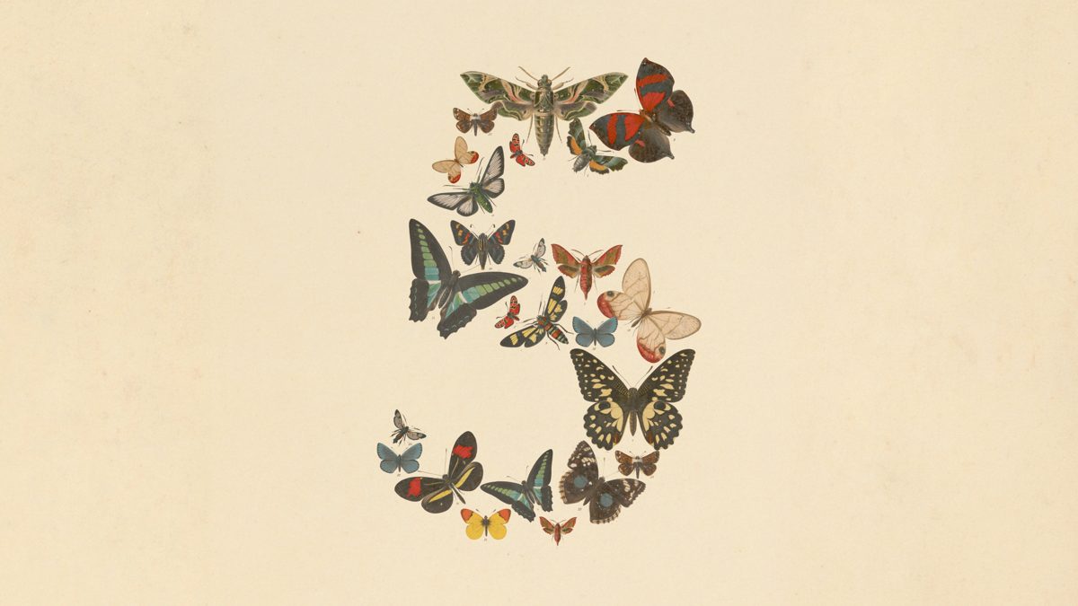 Anthropic's Claude Fable 5 announcement art: vintage butterfly illustrations forming the number 5
