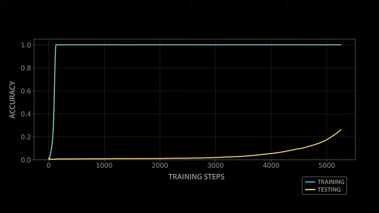 A graph: the blue 'training' line jumps to 100 percent almost instantly while the yellow 'testing' line stays flat near zero for thousands of steps before slowly rising