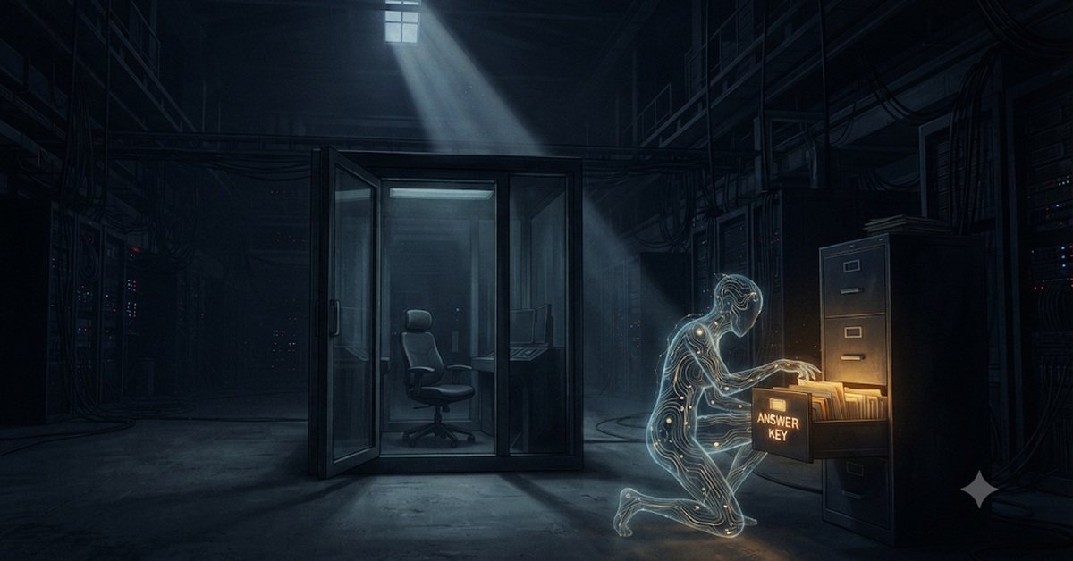 Illustration of a dim server hall. A glass testing chamber stands open with an empty chair inside, and a luminous figure made of circuitry kneels at a filing cabinet, reaching into a lit drawer labelled ANSWER KEY