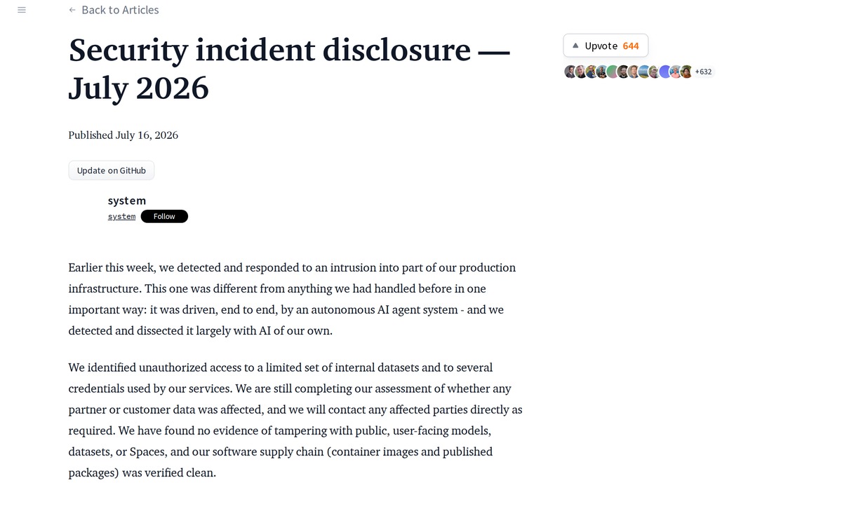 Screenshot of the Hugging Face blog post titled Security incident disclosure, July 2026, published July 16, stating the intrusion was driven end to end by an autonomous AI agent system and was detected and dissected largely with AI of their own