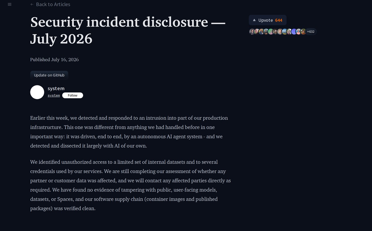 Screenshot of the Hugging Face blog post titled Security incident disclosure, July 2026, published July 16, stating the intrusion was driven end to end by an autonomous AI agent system and was detected and dissected largely with AI of their own