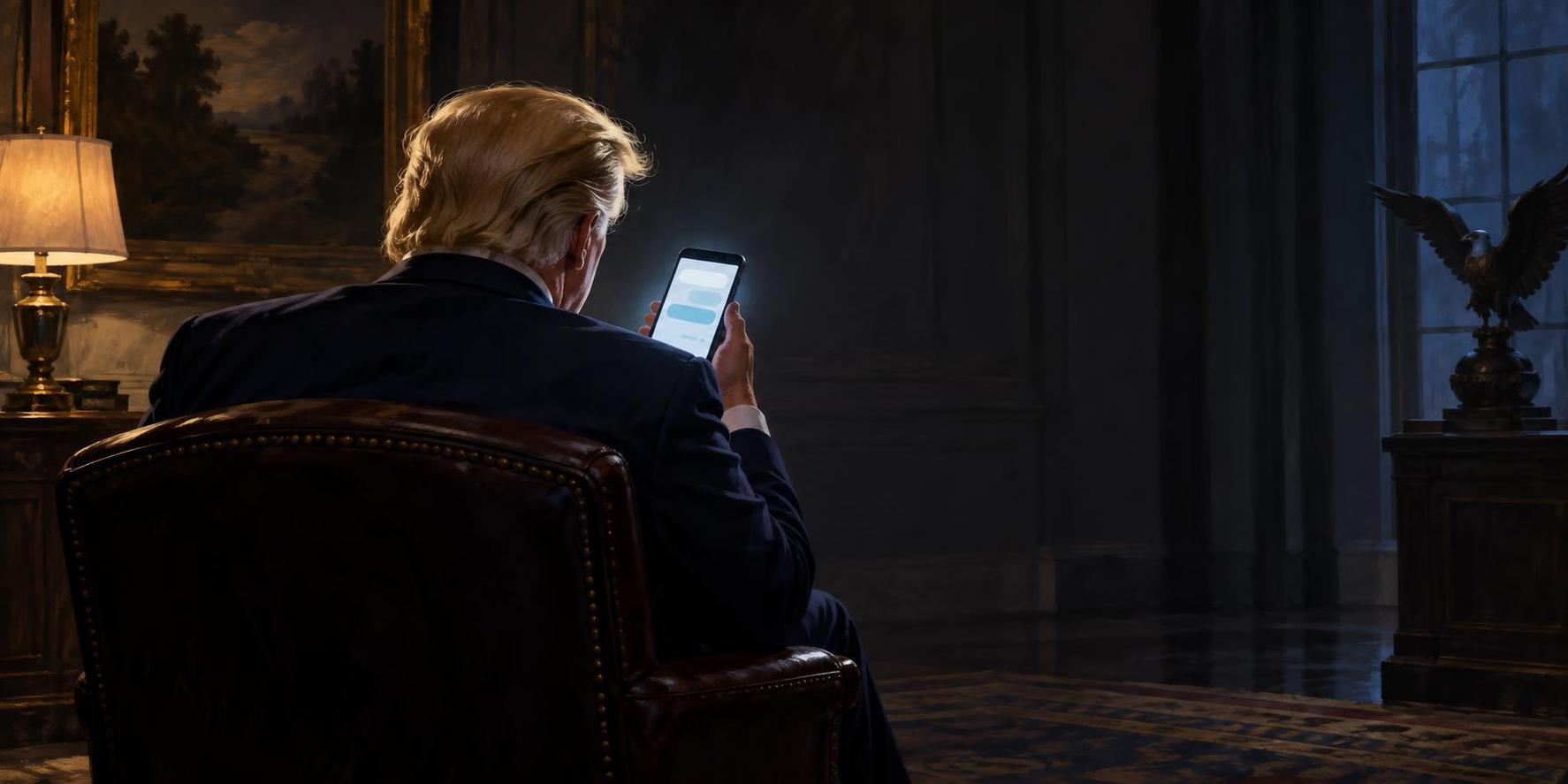 An imagined view from behind shows Donald Trump speaking toward a phone with an unlabeled chat screen.