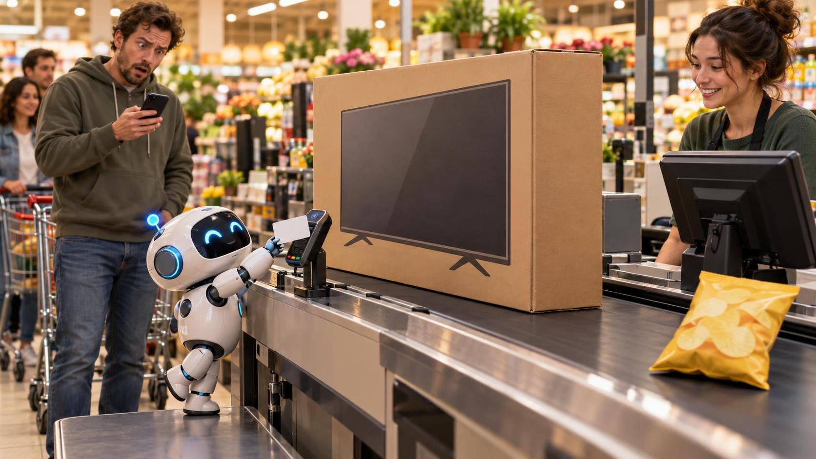 A cartoon robot pays for a huge TV while a stunned man looks at his phone and a bag of potato chips sits forgotten on the checkout belt.