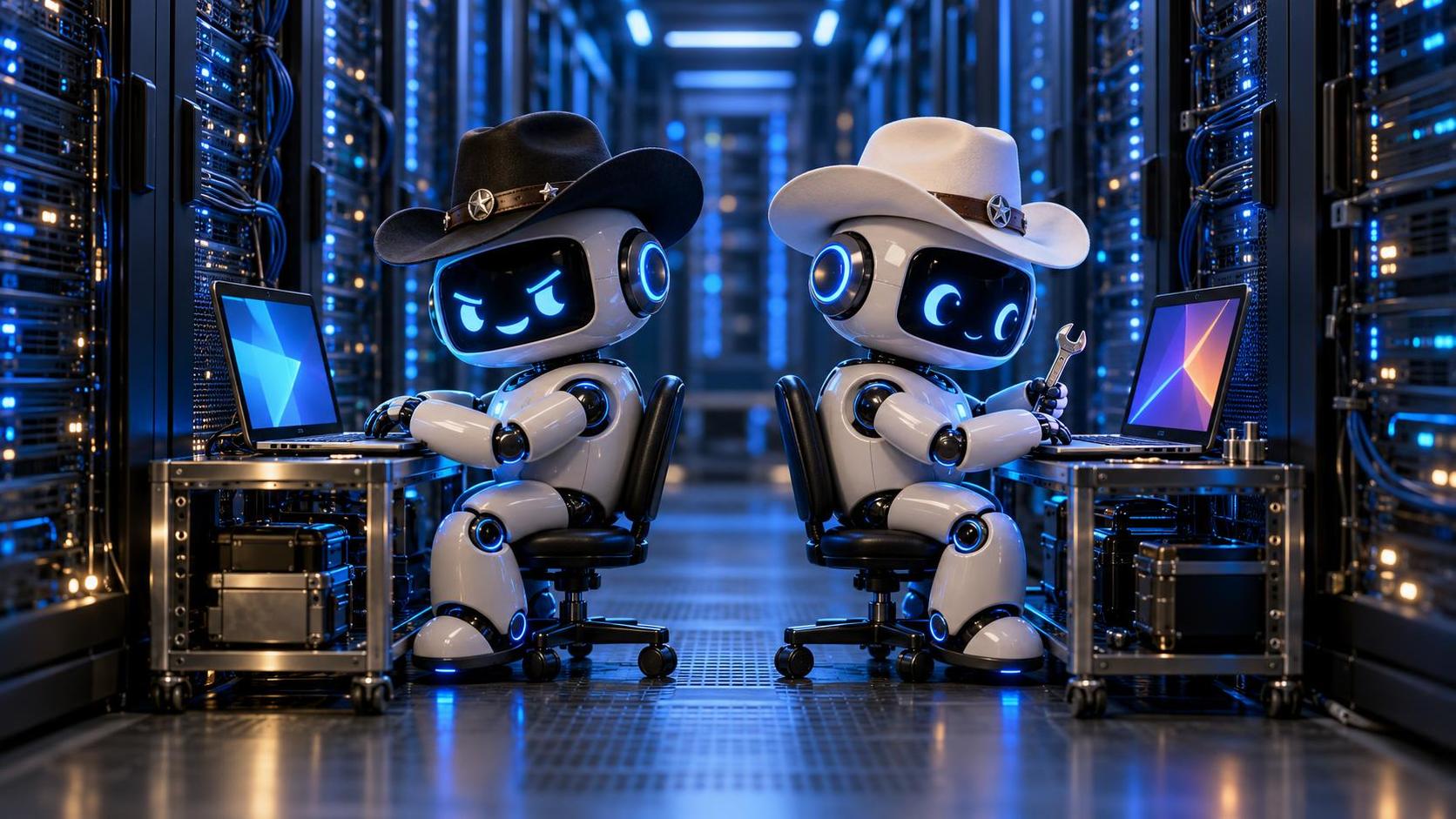 Two small cartoon robots in black and white cowboy hats work back to back at laptops in a blue-lit server room.