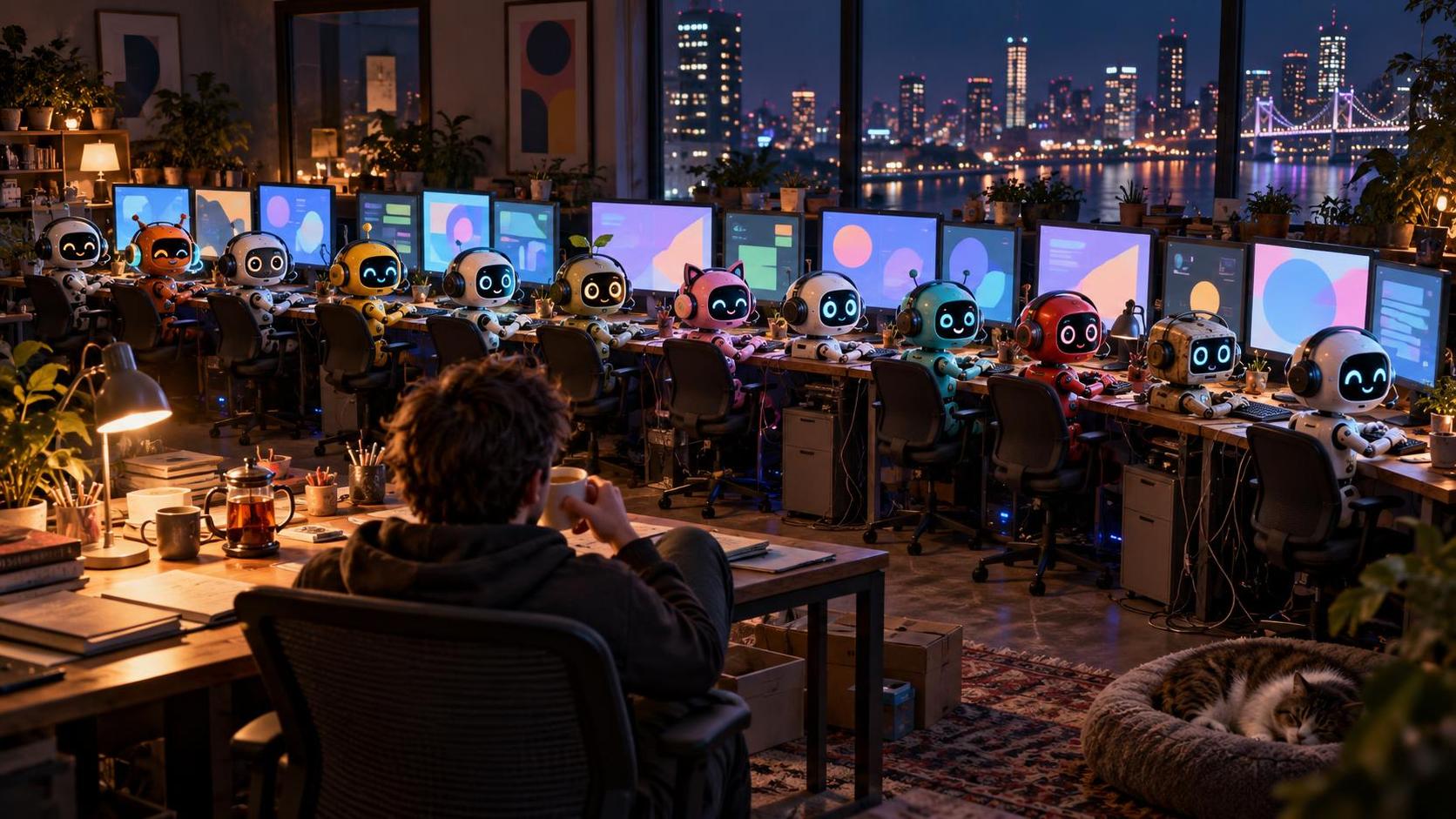 A person sips tea while a dozen headset-wearing cartoon robots work at monitors in a dim office.