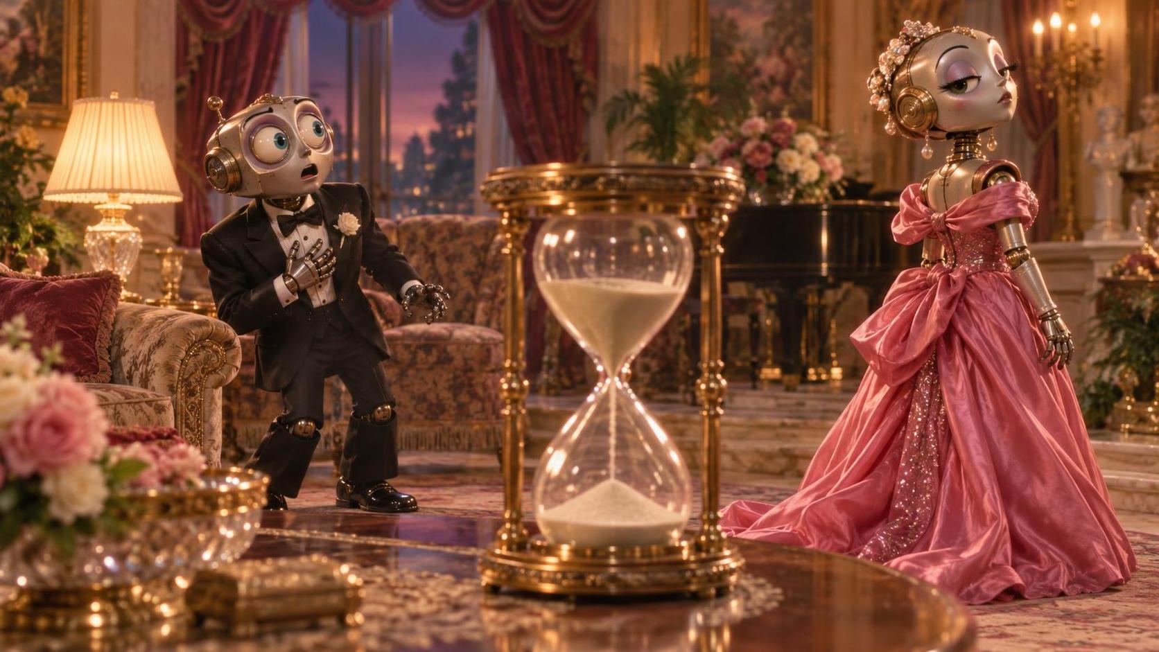 Two cartoon robots pose dramatically in a plush living room while sand runs through a large hourglass in the foreground.
