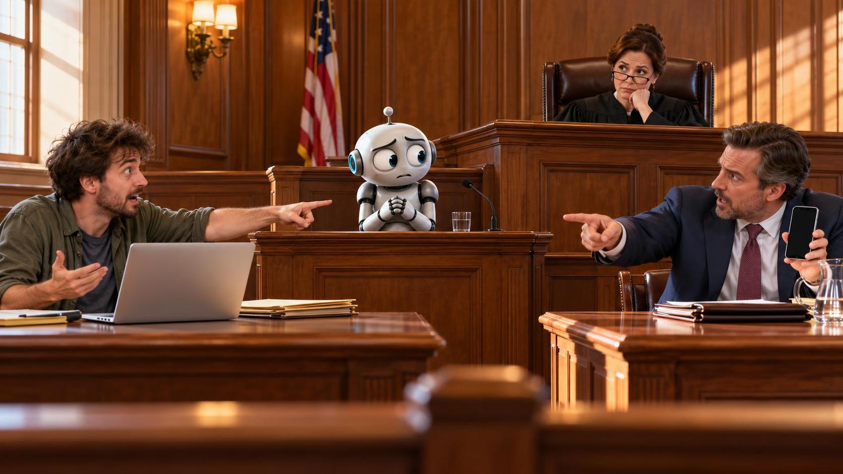 A nervous cartoon robot sits in the witness box as a developer and a man with a phone point at each other before an unimpressed judge.