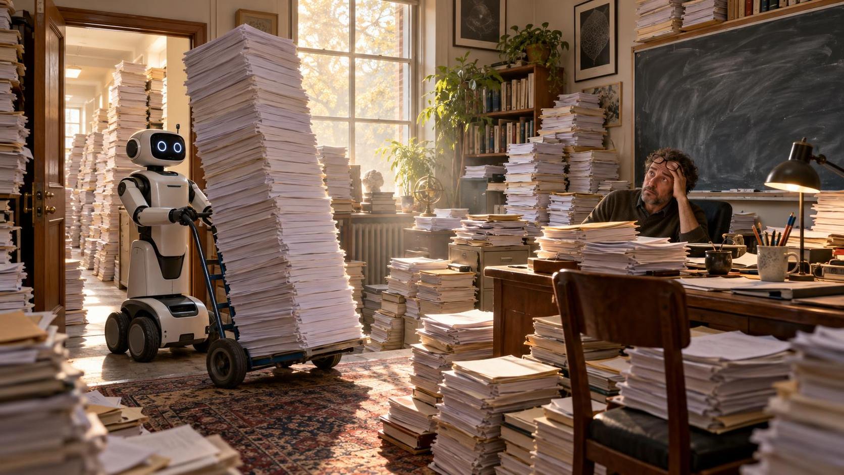 A mathematician stares at towering stacks of manuscripts while a delivery robot brings in more.