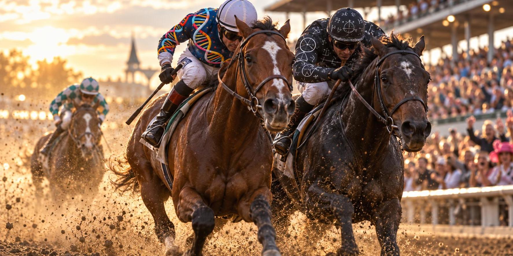 Two racehorses run neck and neck while a third closes in behind them.
