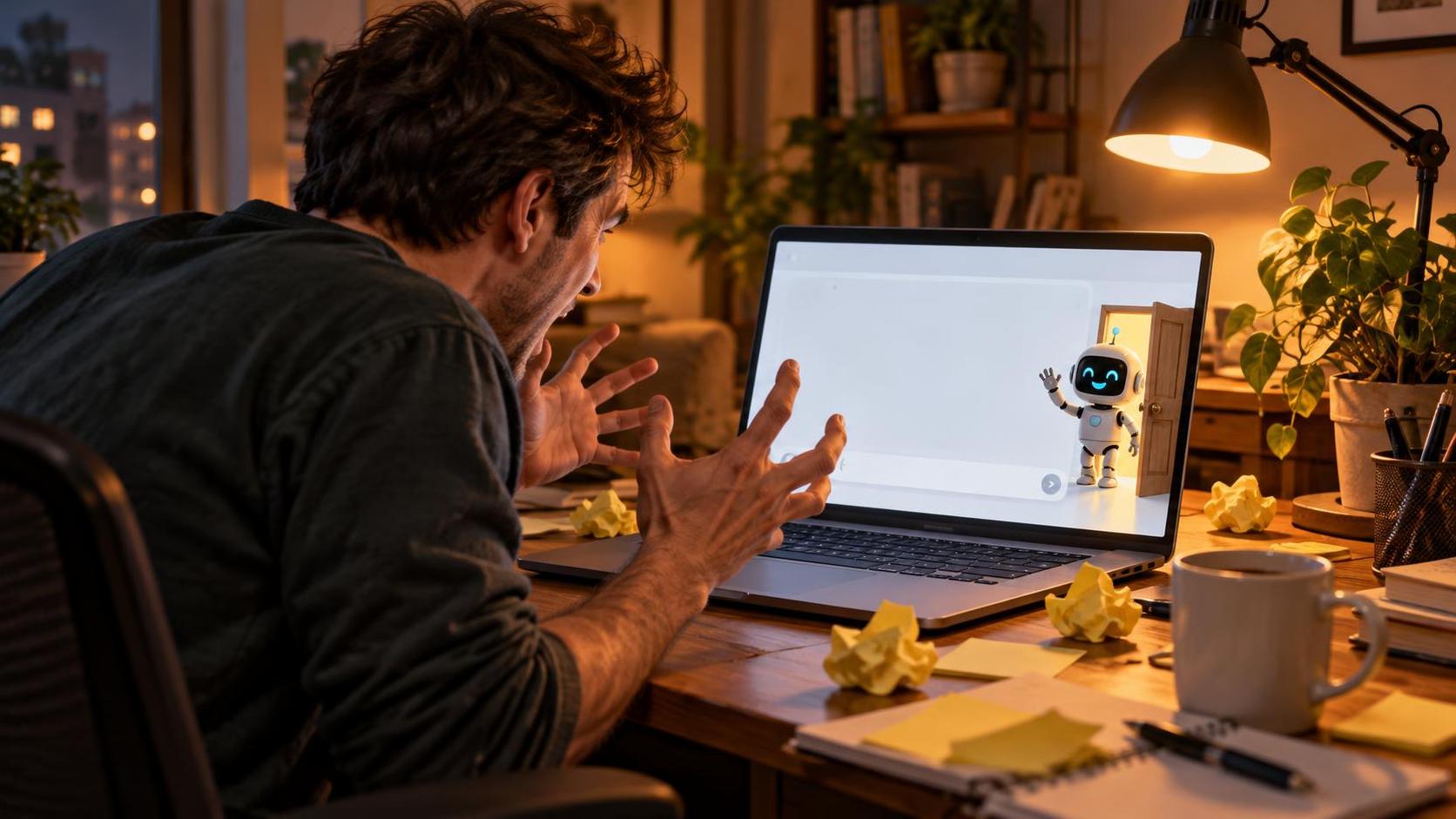 A frustrated man yells at his laptop while a tiny cartoon robot politely leaves the empty chat.