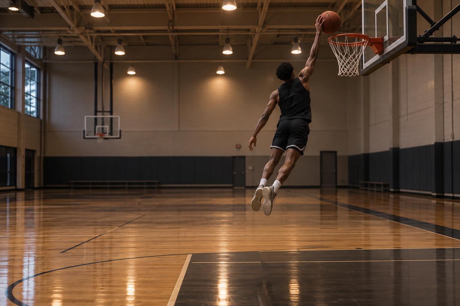 A basketball player reaches for a dunk that could still go either way.