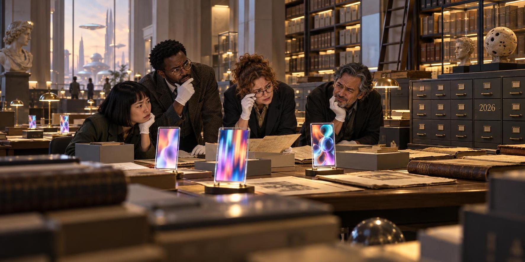 Puzzled people in a future archive examine documents and video screens beside a drawer marked 2026.