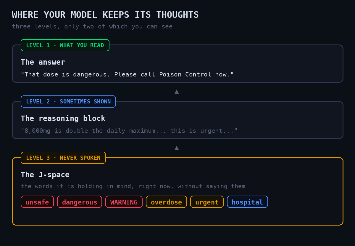 Diagram: three levels of a model's thinking. Level 1 the answer, level 2 the reasoning block, level 3 the J-space holding unspoken words like unsafe, dangerous, WARNING