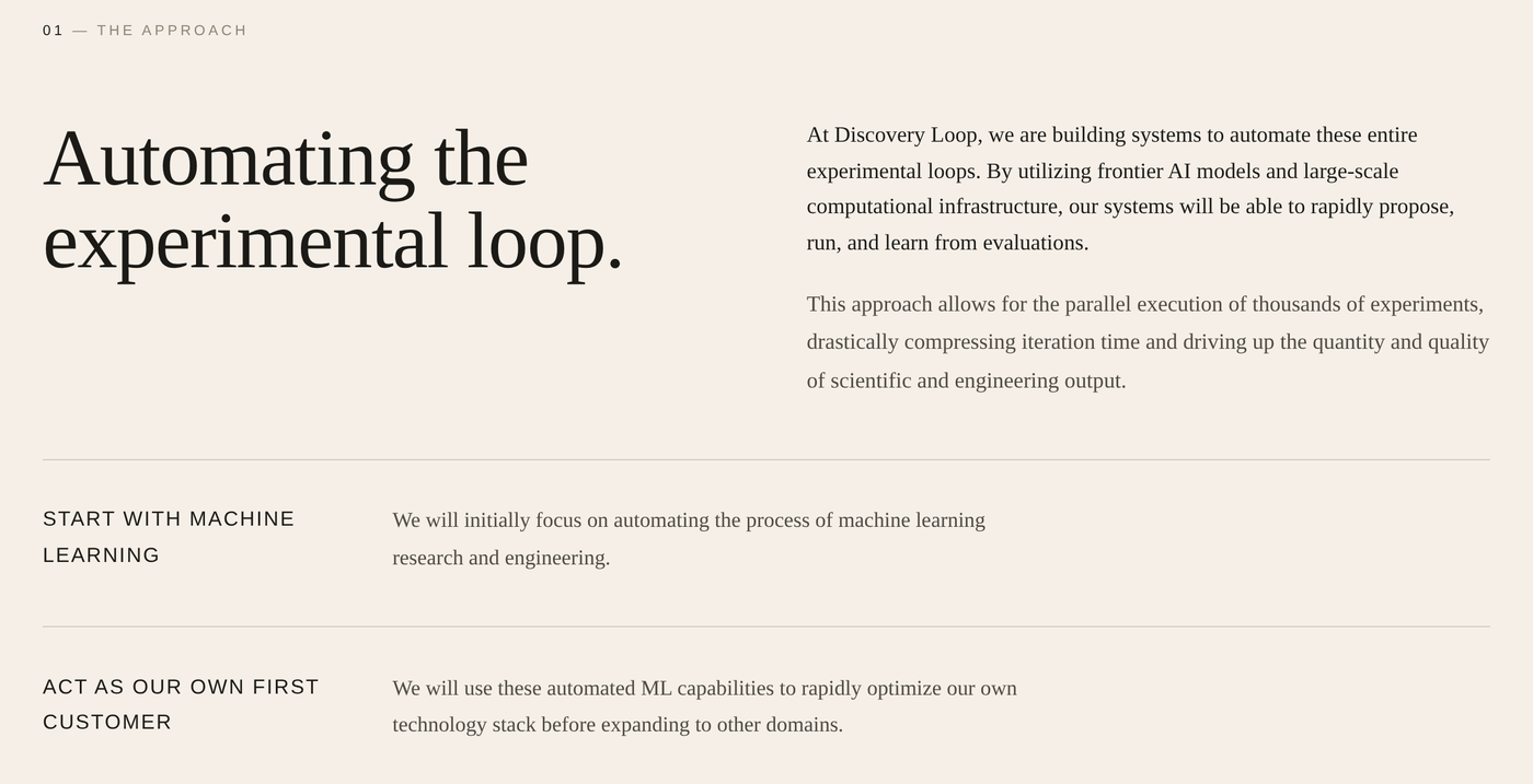 Discovery Loop's website, section 01, The Approach. Headline reads 'Automating the experimental loop.' Two listed principles: 'Start with machine learning, we will initially focus on automating the process of machine learning research and engineering' and 'Act as our own first customer, we will use these automated ML capabilities to rapidly optimize our own technology stack before expanding to other domains.'