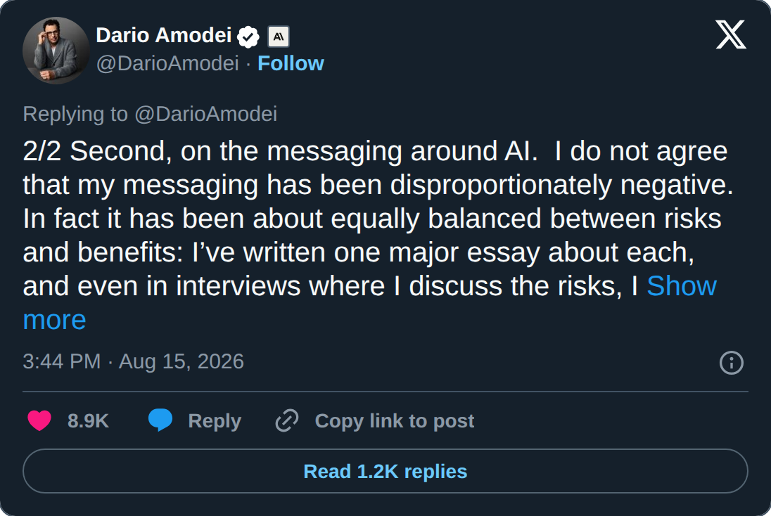 Dario Amodei's post on X, 15 August 2026, answering criticism of Anthropic's messaging