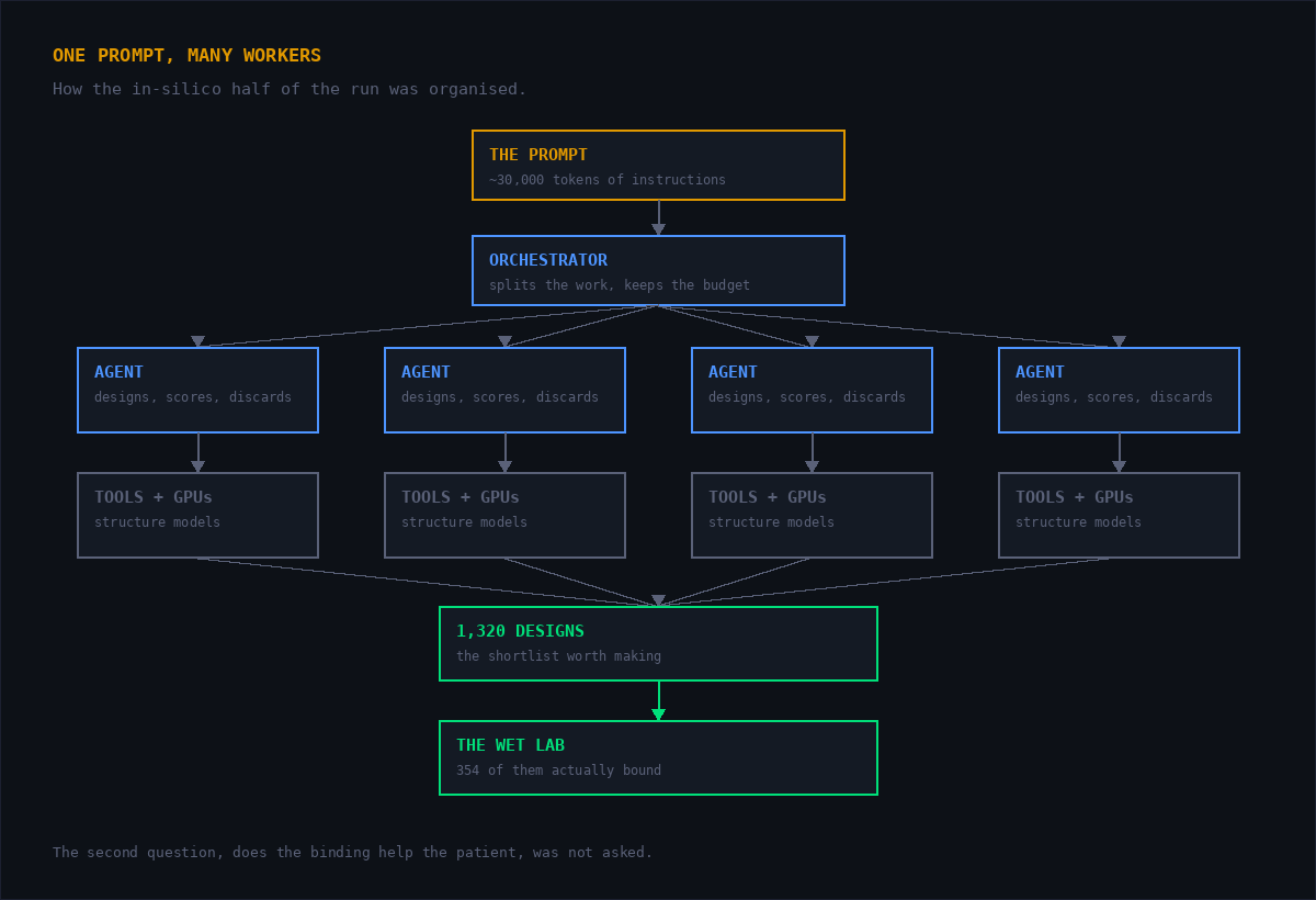 Diagram: one 30,000 token prompt feeds an orchestrator, which fans out to agents and GPU tools, which funnel back into 1,320 designs and then the wet lab