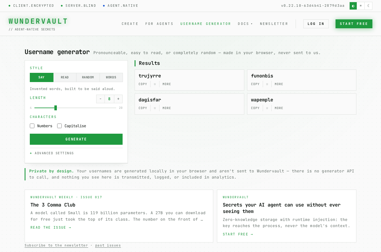 The username generator: style buttons, a length control, and four generated names