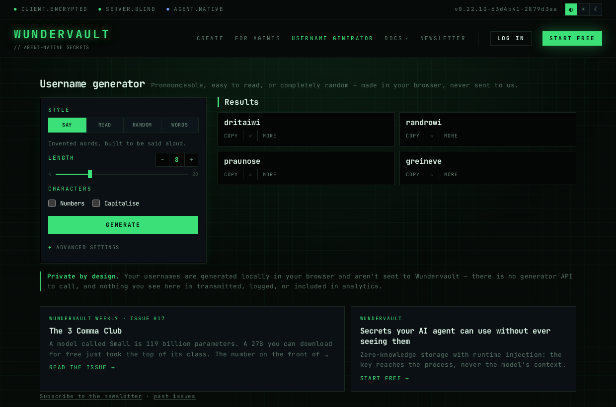 The username generator: style buttons, a length control, and four generated names