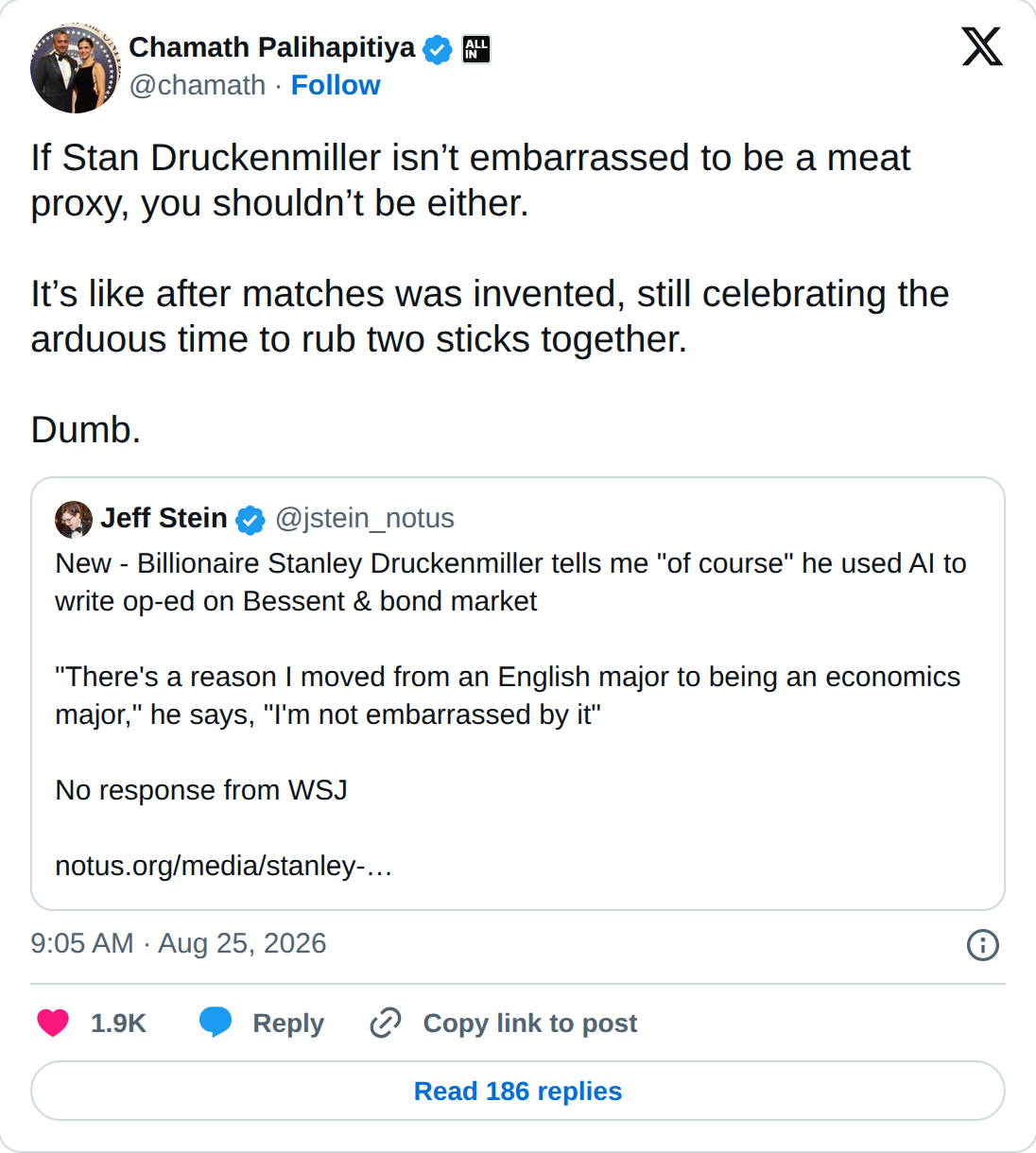 Chamath Palihapitiya's post on X quoting the NOTUS scoop, saying if Druckenmiller isn't embarrassed to be a meat proxy you shouldn't be either