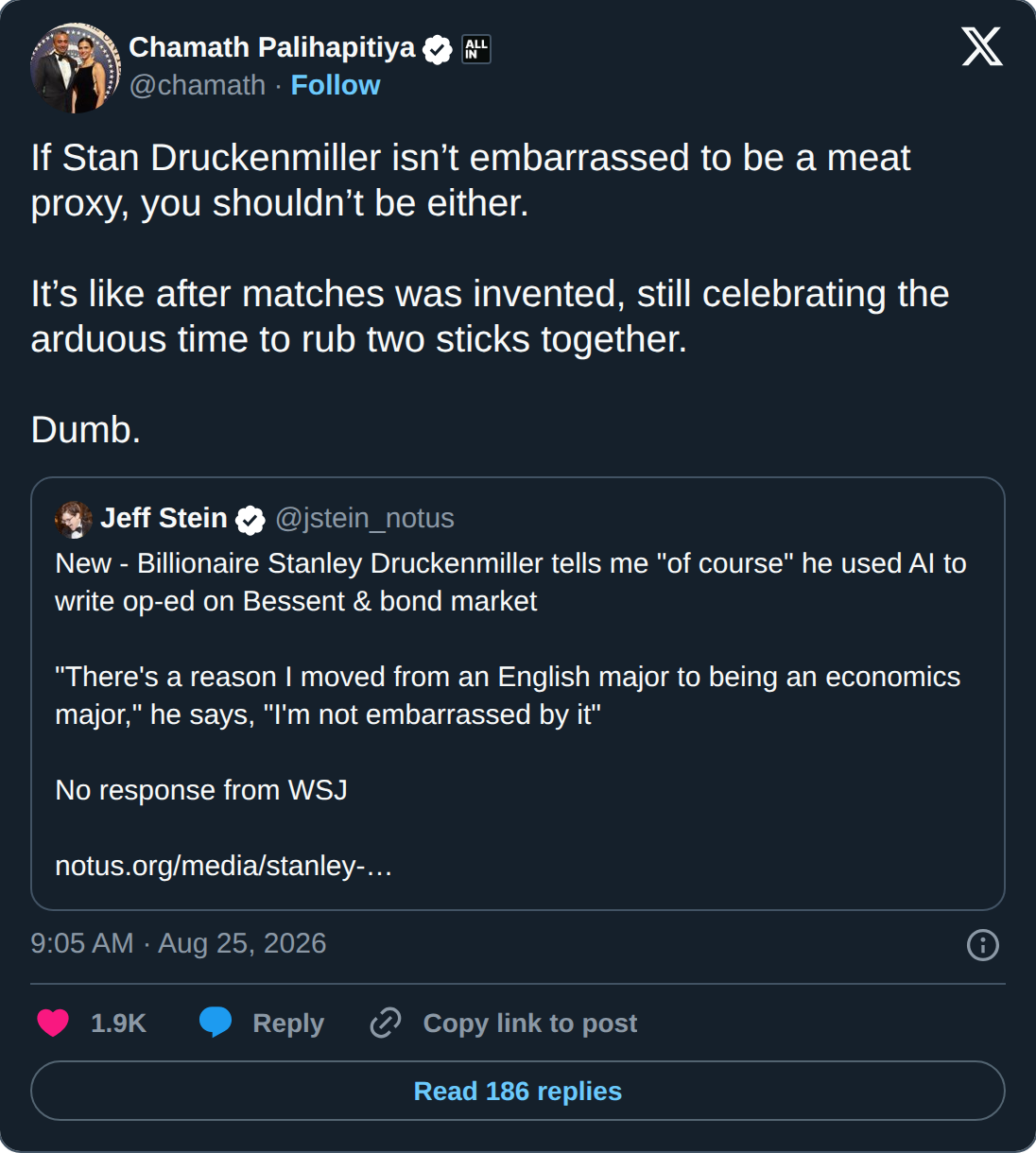 Chamath Palihapitiya's post on X quoting the NOTUS scoop, saying if Druckenmiller isn't embarrassed to be a meat proxy you shouldn't be either