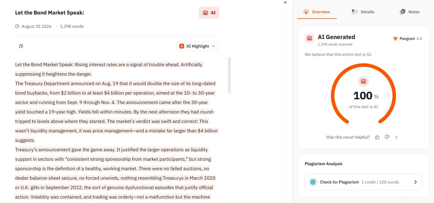 Pangram's report on the op-ed: 1,398 words scanned, 100% of this text is AI, with the article's paragraphs highlighted