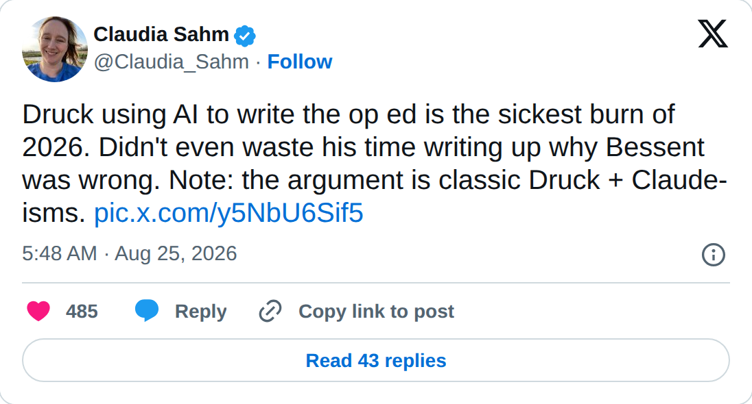 Claudia Sahm's post on X, 25 August 2026, calling Druckenmiller's AI-written op-ed the sickest burn of 2026