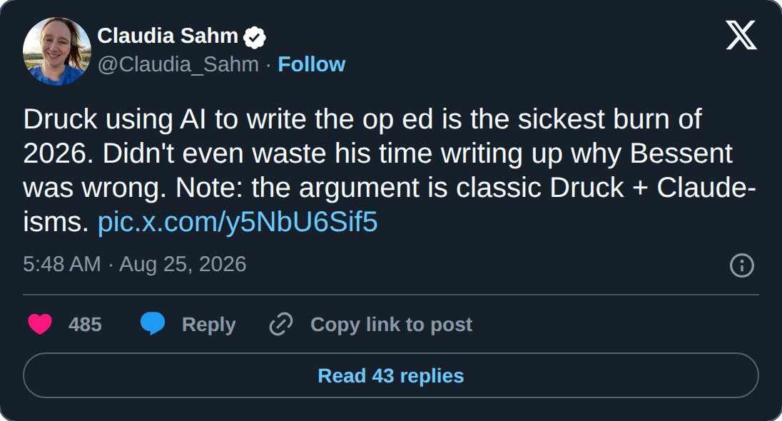 Claudia Sahm's post on X, 25 August 2026, calling Druckenmiller's AI-written op-ed the sickest burn of 2026