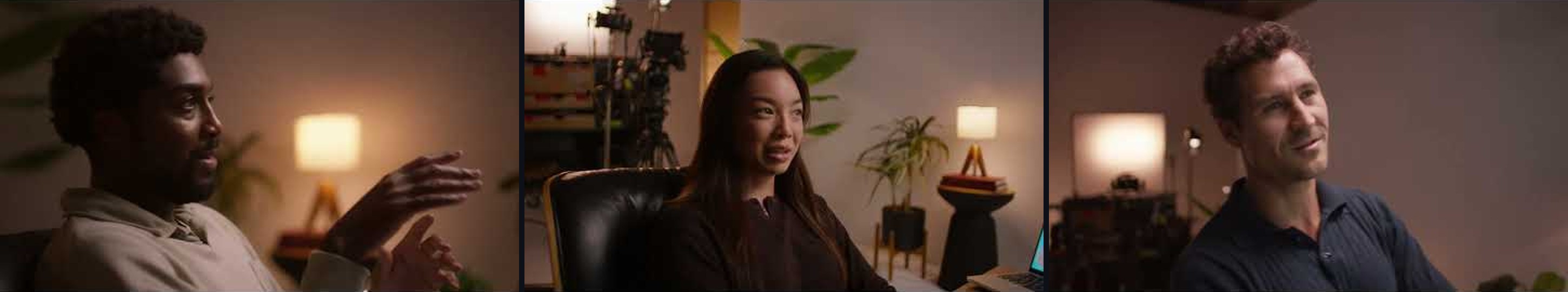 Three frames from OpenAI's GPT-6 Astra launch film: three people sitting in a warmly lit room, talking out loud to a computer, with a camera rig visible in the background of the middle frame.