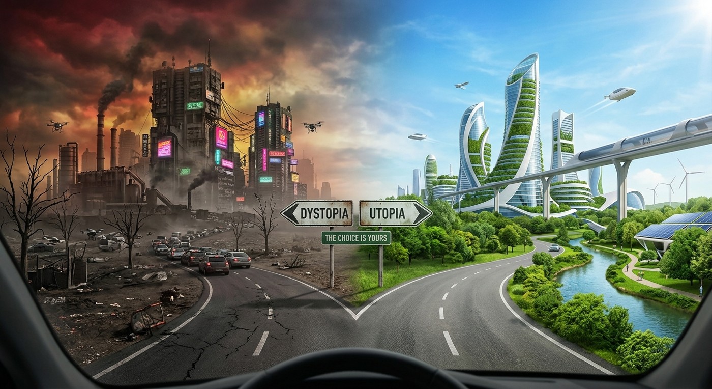 The view through a car windshield of a road splitting in two. To the left, a dystopia: smog, dead trees, a decayed neon city under a red sky, gridlocked traffic on cracked asphalt. To the right, a utopia: green-terraced towers, a monorail, solar panels, a clean river and blue sky. Two road signs at the split read DYSTOPIA with an arrow left and UTOPIA with an arrow right, above a smaller sign reading THE CHOICE IS YOURS.