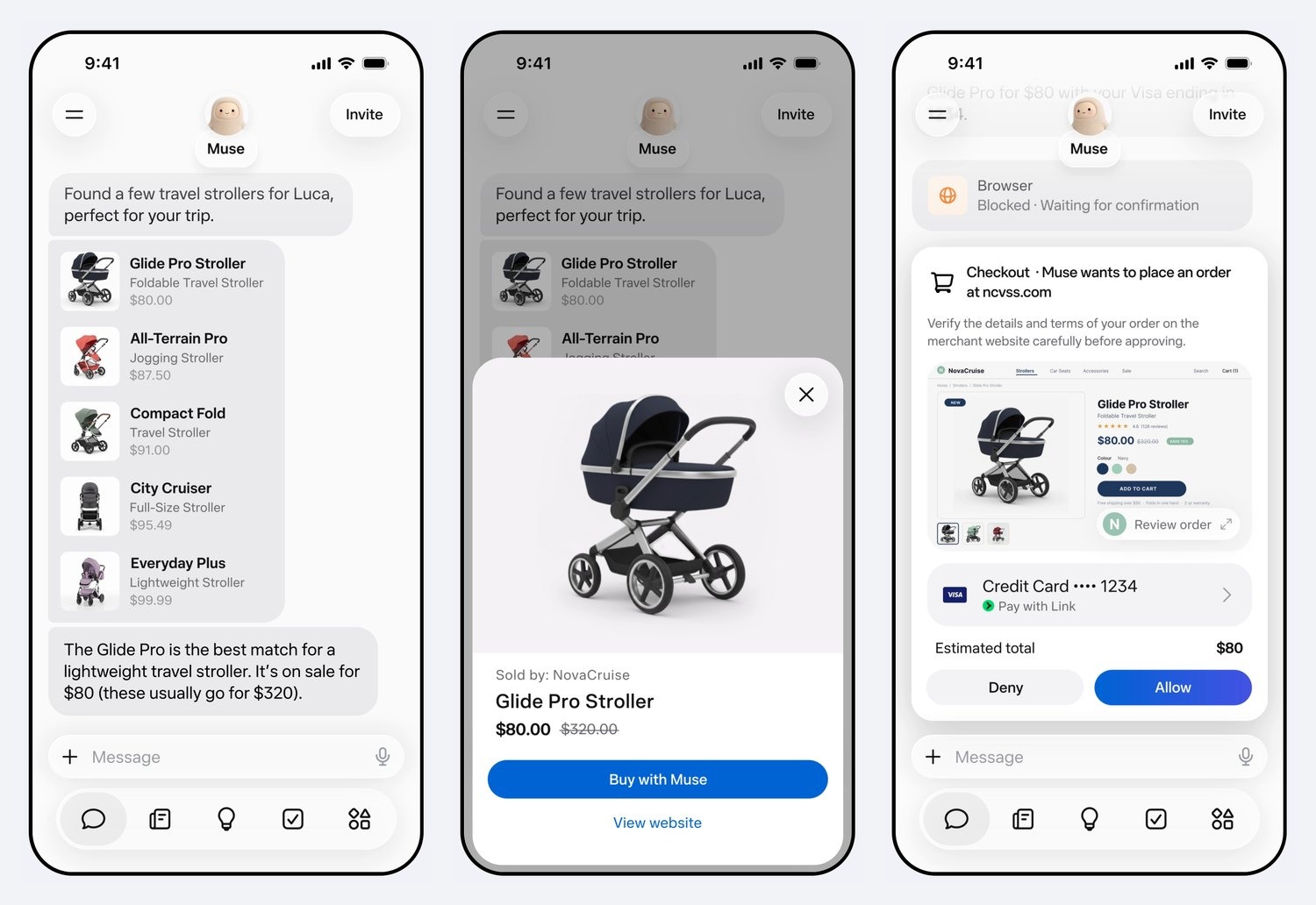 Three phone screens from Meta's Muse demo: Muse lists five travel strollers and recommends the Glide Pro on sale for $80, shows a Buy with Muse card, then asks for approval at checkout with Deny and Allow buttons.