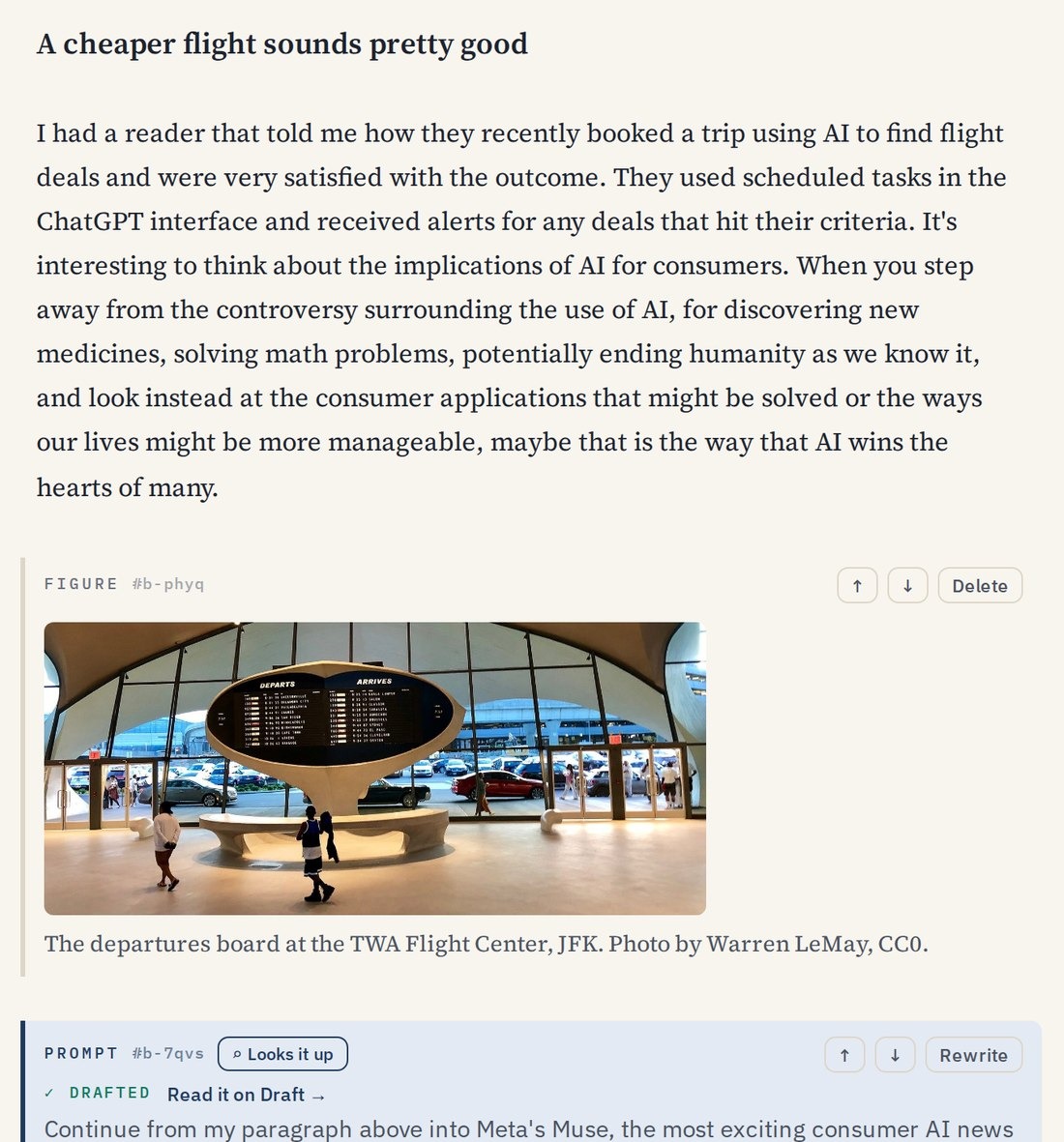 This issue on Plan in slopmill: my own paragraph about the reader's flight deals in white, the departures board picture, and the blue prompt that asked for the Meta section.