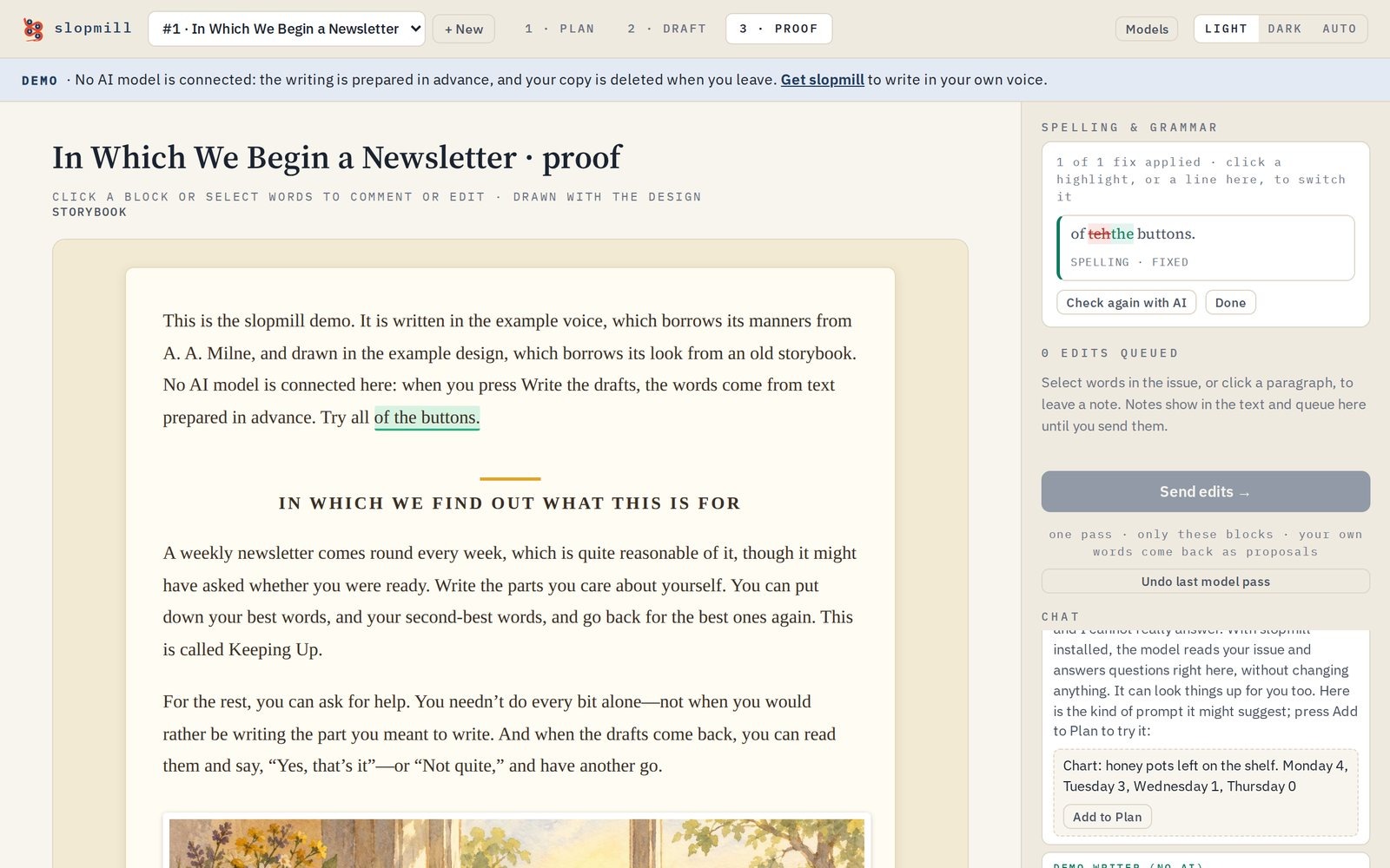 The slopmill demo on Proof, drawn in the storybook design, with paragraphs written in A. A. Milne's manner and a spelling fix highlighted in the side panel.