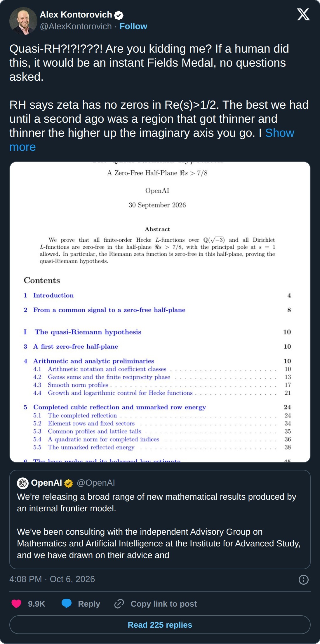 Alex Kontorovich on X, October 6, 2026: "Quasi-RH?!?!???! Are you kidding me? If a human did this, it would be an instant Fields Medal, no questions asked." His post shows the first page of OpenAI's paper The Quasi-Riemann Hypothesis: A Zero-Free Half-Plane Re s > 7/8.