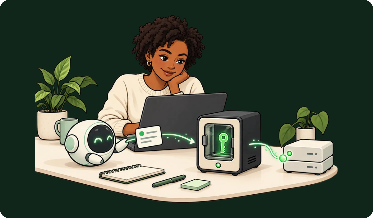 A woman at her laptop while a small agent hands a task to the broker box on her desk, which calls a server.