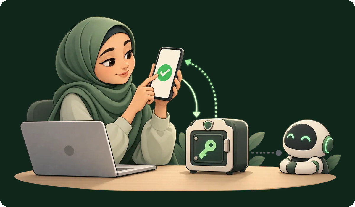 A woman approves a request on her phone while the agent waits beside the broker.