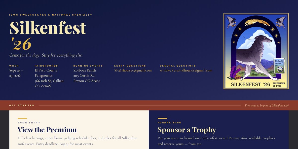 The Silkenfest 2026 homepage: a deep navy hero with a cream-and-gold serif wordmark and an illustrated silken windhound poster