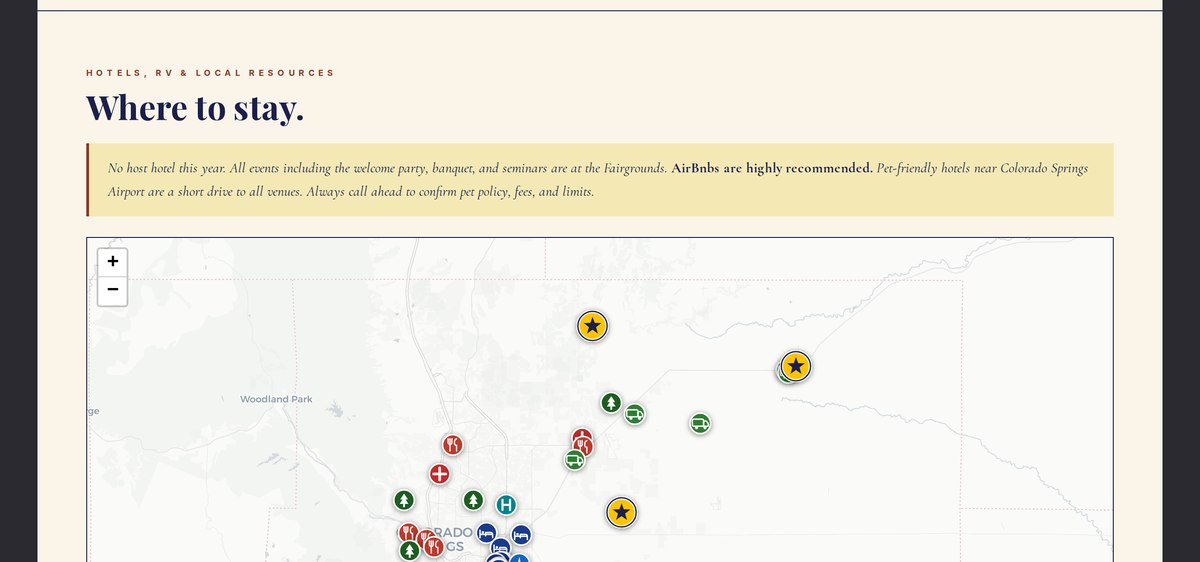 The Where to Stay section of the site: a clean map of Colorado Springs with color-coded markers for venues, hotels, RV camping, vets, airport, hospital, restaurants, and trails