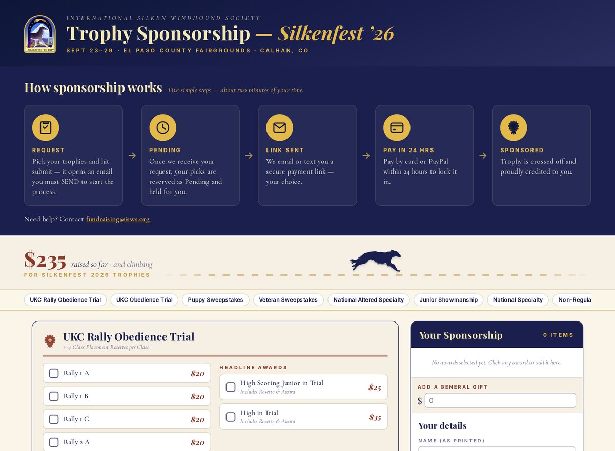 The trophy sponsorship page: a five-step how-it-works diagram, a running fundraising total, and the galloping windhound trotting across a progress bar