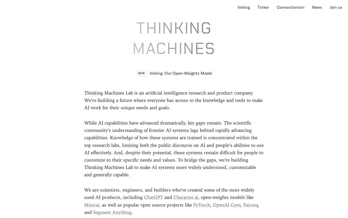 The Thinking Machines Lab homepage announcing Inkling, their open-weights model