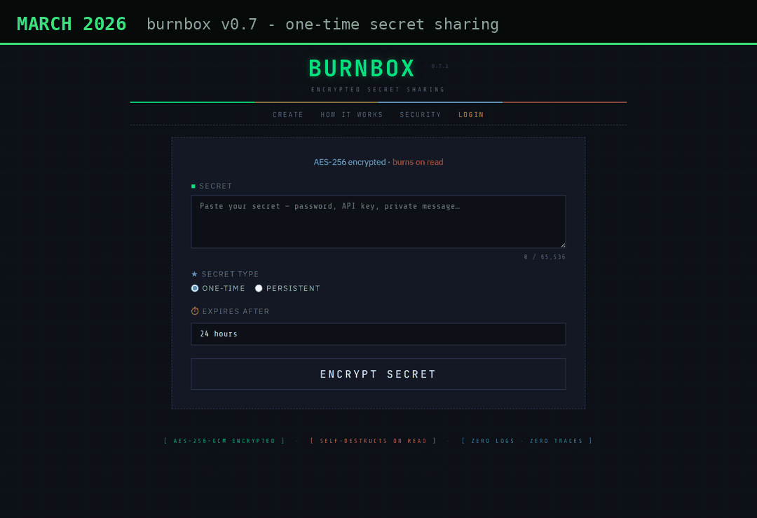 Animated slideshow of five homepage versions from March to July: dark green Burnbox, the Wundervault rebrand, the zero-knowledge vault era, the light redesign, and the current MCP secret vault site